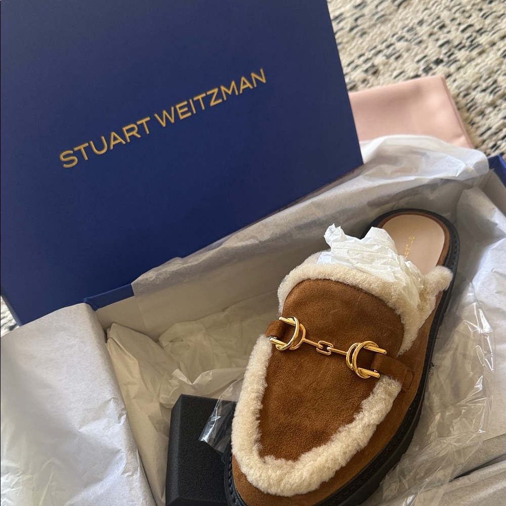 Stuart Weitzman Tan Shearling Mules with Gold Accents